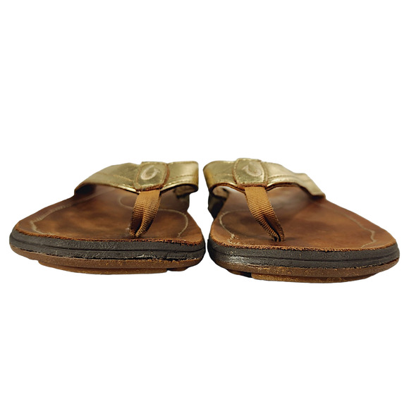 OluKai Womens Flip Flop Sandal sz 5 35 Kumu Gold Brown Leather‎ Rubber Hawaiian - Picture 6 of 10
